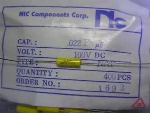 10 NIC Components Type NAP .022uF 100V Axial Metalized Polyester Capacitors - Picture 1 of 1
