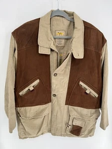 VTG Camel Comfort Linen & Leather Pockets Utility Jacket Coat Men's Sz 50 Sz XL - Picture 1 of 24