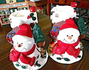 Set of 2 Snowman Candle Holder (Votive Stick) Red Ceramic Christmas Decor - Picture 1 of 9