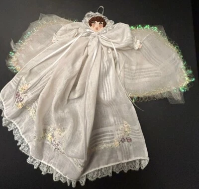 Vtg Handmade Cloth Embroidered Hankerchief & Cross Stitch Angel  - Image 1 of 4