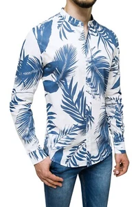 Diamond Casual Herren Leinen Hemd Weiß Blau Slim Fit Hawaii Gr. M L XL - Bild 1 von 3