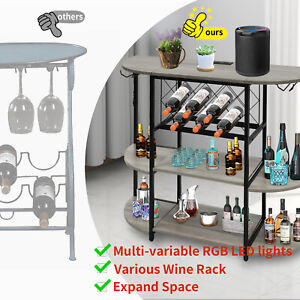 47" Wine Bar Cabinet with LED Lights Wine Liquor Storage Display Rack