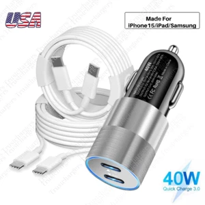 40W Dual Type C Car Charger Adapter PD USB C Cable For i-Phone 15/16/17/Samsung - Picture 1 of 18