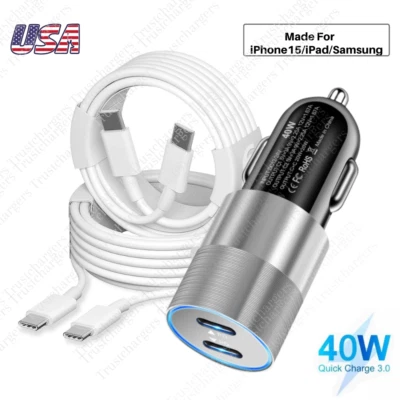 40W Dual Type C Car Charger Adapter PD USB C Cable For i-Phone 15/16/17/Samsung - Image 1 of 4