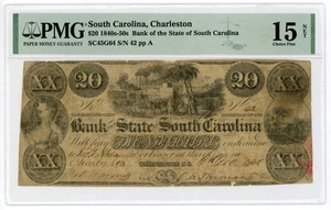 1850 $20 The Bank of the State of SOUTH CAROLINA Note - PMG Fine 15 - Picture 1 of 2