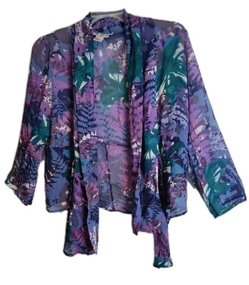 WinterSilks фиолетовый цветочный 100% шелк каскадный открытый рубашка с длинным рукавом женщин M - Изображение 1 из 4