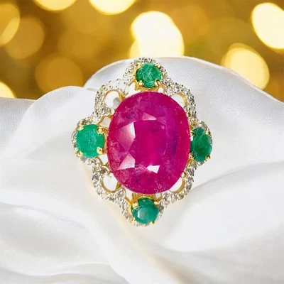 Handmade Ruby Emerald Sapphire Diamond Ring | 18K Gold Plated 925Sterling Silver - Image 1 of 4