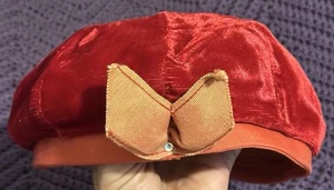 Velvet Beret VTG 50s Lipstick Red Silk Velvet Super Soft USA 8 Seam Rhinestone - Picture 1 of 7