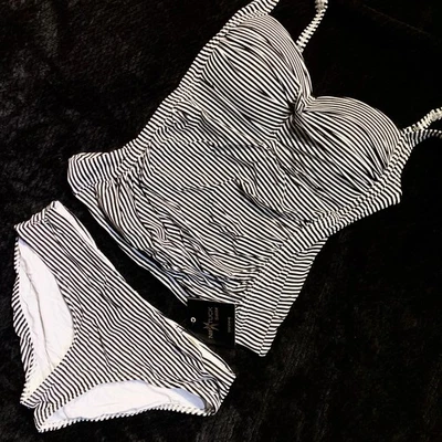 NWT Nip Tuck Joanne 2pc Tankini Bikini Swimsuit Black White Stripe Pinup Retro 8 - Image 1 of 4