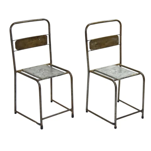 Pair Vintage Rustic Raw Steel Industrial Stacking Side Chairs Cover