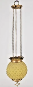 Hanging Kerosene Oil Hall Lamp Hobnail Custard Glass w/ Deep Hobs, Brass Fixture - Picture 1 of 18