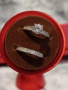 Sterling Silver 925 Jewellery Bridal Ring Set Engagement Encrusted Wedding Band - Photo 1/9