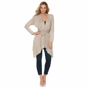 RHONDA SHEAR Size 3X Tie Front Draped Jacket Long Sleeve Belted KHAKI - Picture 1 of 2