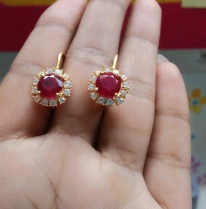 Round Cut Simulated Red Ruby 925 Silver Drop Earrings In 14k Yellow Gold Plated - Picture 1 of 8