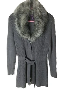 Libby Edelman faux Fur collar Belted Mid Length Cardigan Sz Sm - Picture 1 of 5