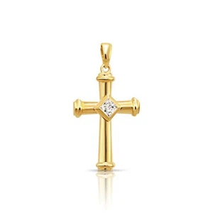 14K Real Solid Yellow Gold Dainty Cross Christian CZ Pendant Charm Necklace 18in - Picture 1 of 13
