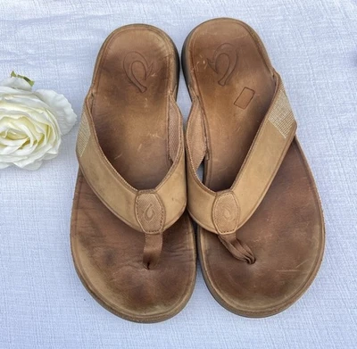 Sandalia Olukai Tuahine Para Hombres Talla 12 Cuero Marrón Tanga Chanclas Deslizables Comodidad Foto 1 de 4