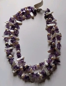 3 Strand Amythest & Baroque Pearl 19" Collar Necklace SS 925 -NWT Statement - Picture 1 of 5