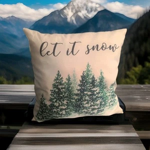 Cuscino bianco neve Let It con alberi di Natale. Decorazione casa vacanze neve e neve - Foto 1 di 2