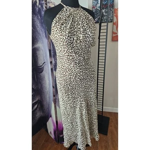 Maggy London Silk Halter Dress Brown Beige Polka Dot Midi Women's Size 8 - Picture 1 of 11