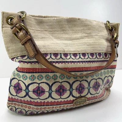 FOSSIL Key Per Shoulder Hobo Purse Textile Leather Floral Stripes Zip Close Bag - Image 1 of 4