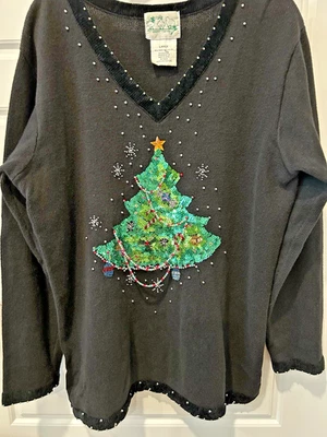 The Quaker Factory Black Christmas Tree Sequin Beaded Sweater Large Holiday - Image 1 of 4