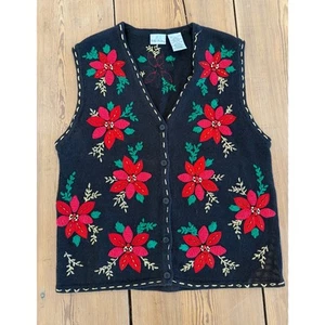 Bobbie Brooks Vintage Poinsettia Christmas Vest Large - Picture 1 of 7