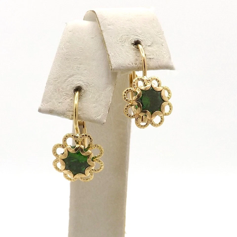 Solid 18k Gold Flower Leverback Italian Earrings New Synthetic May Birthstone - Image 1 of 1