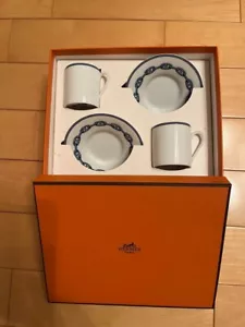 Taza y platillo grande de sopa de la mañana Hermes Chaine d'Ancre azul 2 juegos de vajilla - Imagen 1 de 9