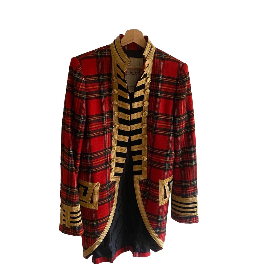 Ralph Lauren Size M Denim & Supply Red Tartan Military Frock Coat Gold Buttons - Image 1 of 4