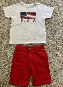 Boys Size 6 Patriotic July 4th American Flag Tee & Red Shorts Set - Picture 1 of 8