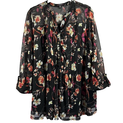 Pullover Cocomo Mujer Talla 2X Plus Negro Floral Forrado Malla Transparente Manga 3/4 Foto 1 de 4