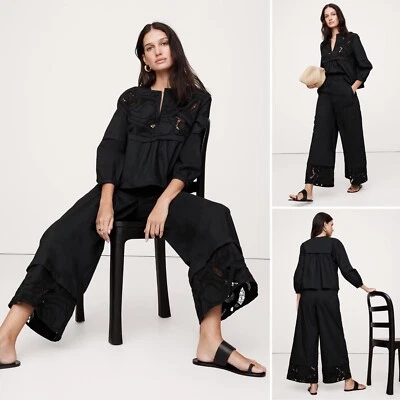 NWT Banana Republic Embroidered Cotton Poplin Popover Top XS Petite XS/P Black - Image 1 of 4