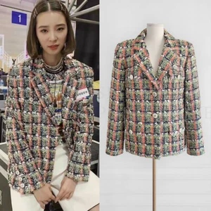 *W/TAG FR34* CHANEL 20C CORAL&GREEN CHECK TWEED JACKET - Picture 1 of 6