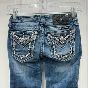 Miss Me thick stitch boot cut denim jeans youth girls 10 jewels gems rhinestones - Picture 1 of 8
