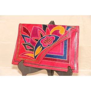 Vintage 1970's Purse Clutch Handmade Hand Tooled Leather Unique Shape Multicolor - Picture 1 of 3