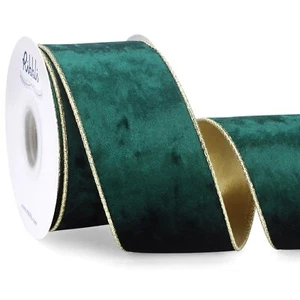 Forest Green Velvet Wired Ribbon 2.5 Inch Metallic Dark Green Gold Crushed Ve... - Picture 1 of 1