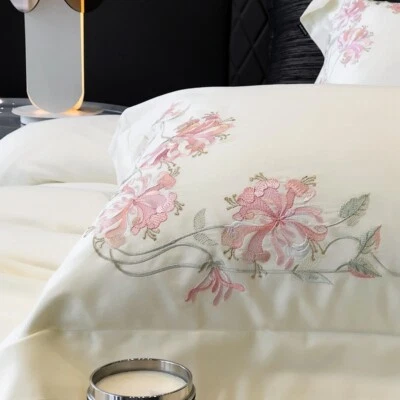 Bedding Set 4 Pcs Luxury Flowers 100s Cotton Duvet Cover Bed Sheet 2 Pillowcases - Image 1 of 4