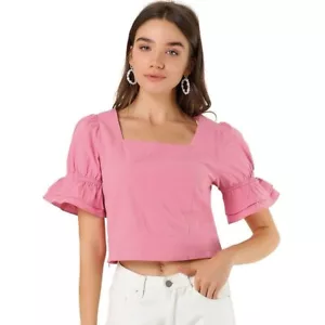 Allegra K Cropped Ruffle Puff Short Sleeve Square Neck Top - Picture 1 of 5