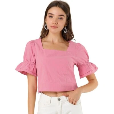 Top Allegra K Recortado Volantes Puff Manga Corta Cuello Cuadrado Foto 1 de 4