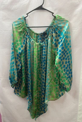 New Directions Women's Size XL Tan, Blue & Green Polka Dots Tie Hem 3/4in Blouse - Image 1 of 4