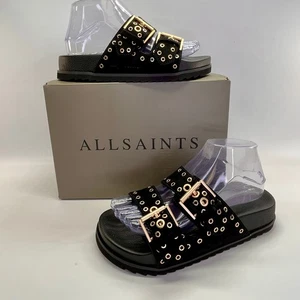 AllSaints Khai Sandal Size 7 Black Suede Double Strap Eyelet Chunky Slide - Picture 1 of 18