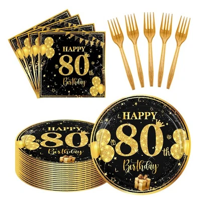 60 шт. черных золотых бумажных тарелок салфеток вилок для вечеринки на 80-й день рождения 20 шт. - Изображение 1 из 4