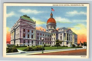 Indianapolis IN-Indiana, State Capitol Building Dome Street View, Linen Postcard - Picture 1 of 2