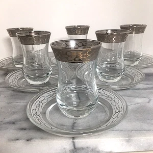 Turkish Tea Glasses And Saucers Set Of 6 Silver Tone Rim READ - Picture 1 of 5