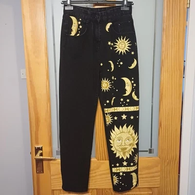 Womens Bohemian Black Jeans Size 8 Festival Wear Sun Moon Stars  - Image 1 of 4