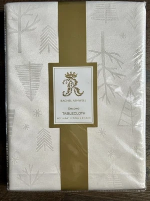 Rachel Ashwell 60 X 84 Oblong Tablecloth Christmas Cream White Tree Gold Thread - Image 1 of 4