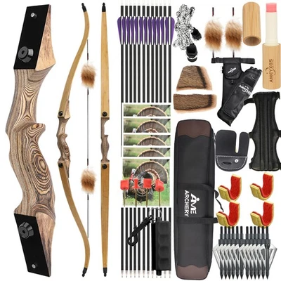 60" Recurve Bow Set 20-60lbs Limbs Wooden Takedown Archery Target Hunt Shooting - Image 1 of 4