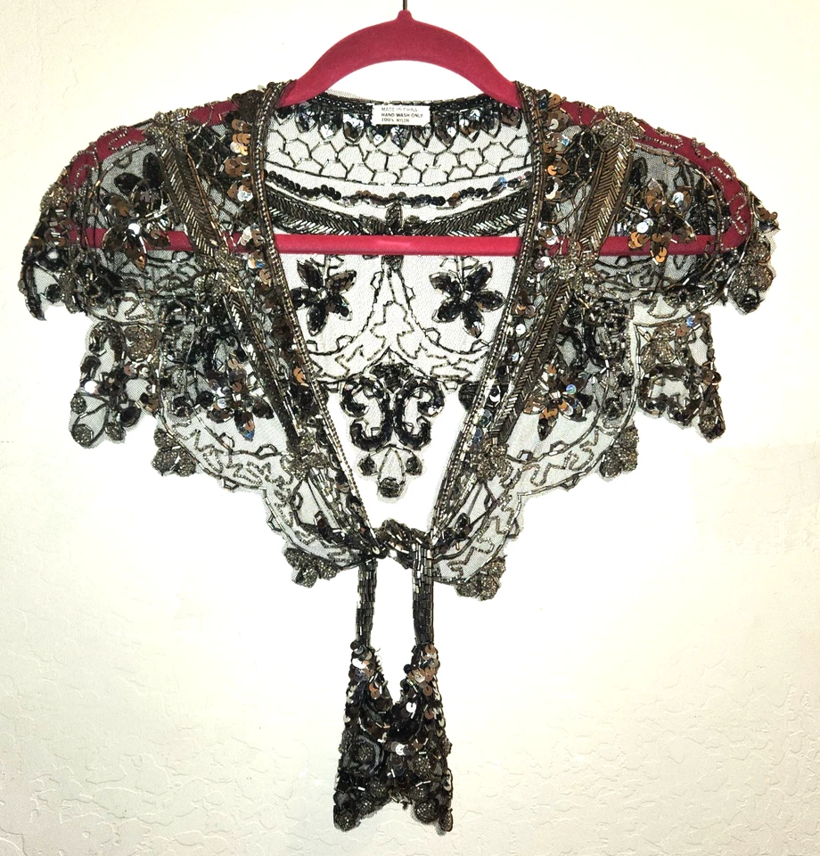 Elegante chal corbata con lentejuelas plateadas en hilo de tul negro envoltura estola noche fiesta Foto 1 de 4