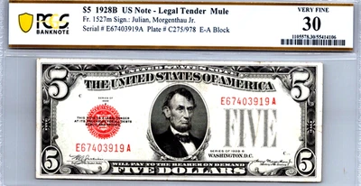 $5 1928-B Legal Tender Red Seal "MULE" PCGS 30 Very Fine Fr. 1527m - Image 1 of 3